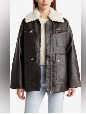 WeWoreWhat Black Faux-Leather Jacket with Cream Shearling Collar